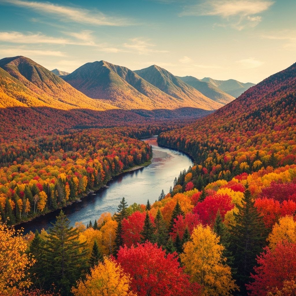Vibrant fall foliage covering New England mountains with brilliant reds, oranges, and yellows