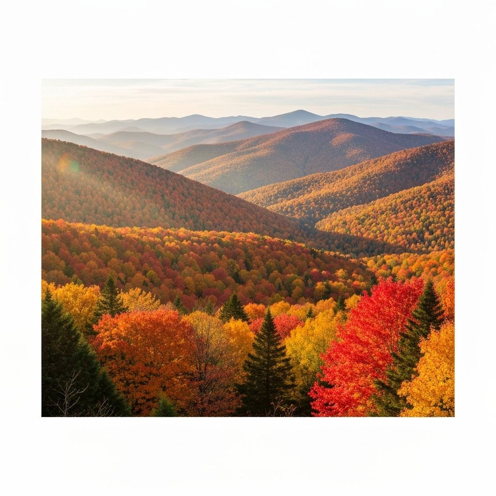 Vibrant fall foliage covering New England mountains with brilliant red, orange, and yellow leaves